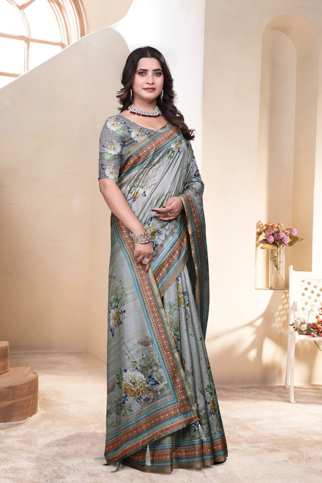 Soft Silk Saree with ethnic floral and geometric motifs