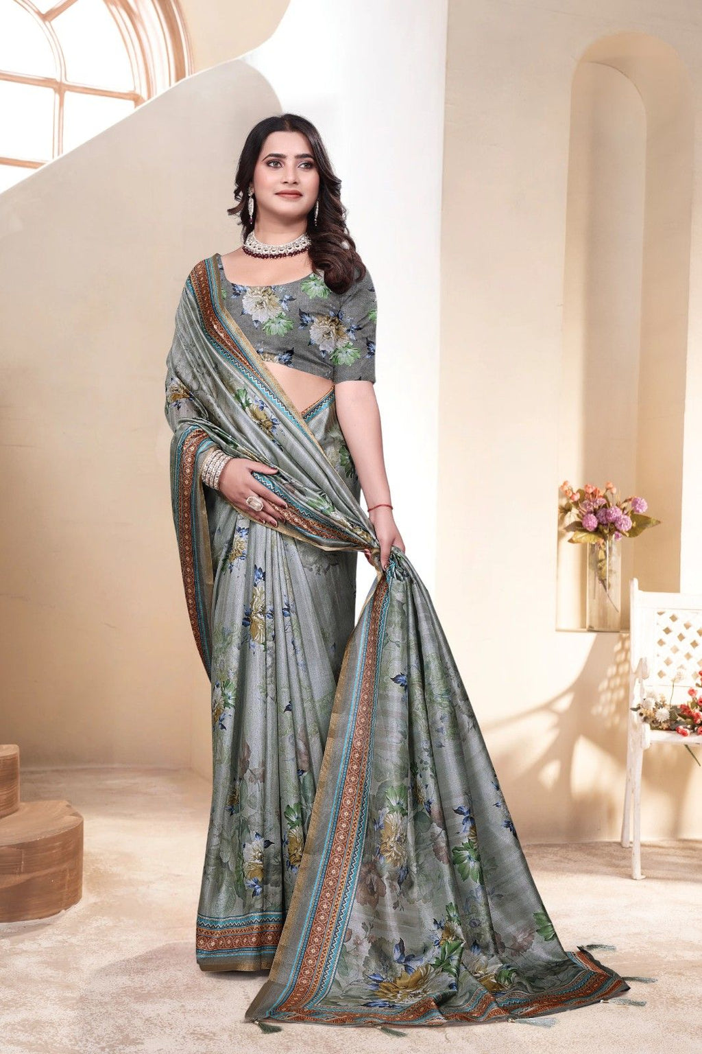 Soft Silk Saree with ethnic floral and geometric motifs