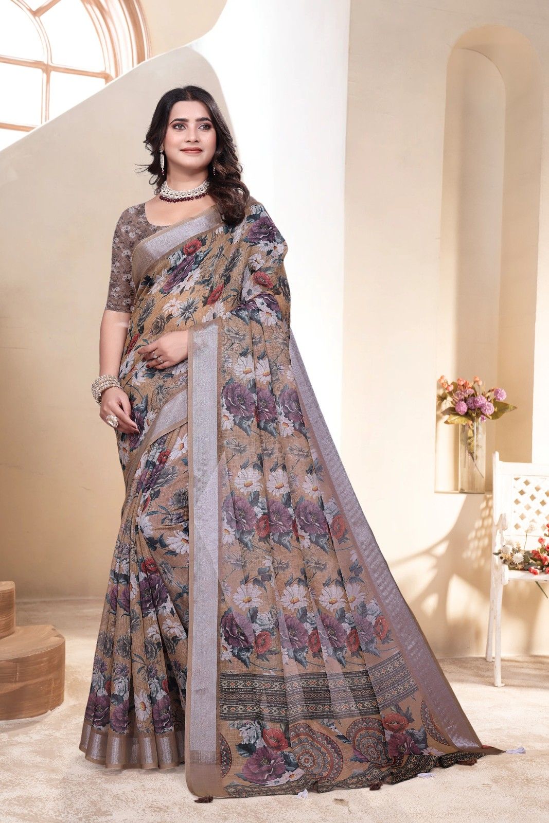 Linen saree with a digital print