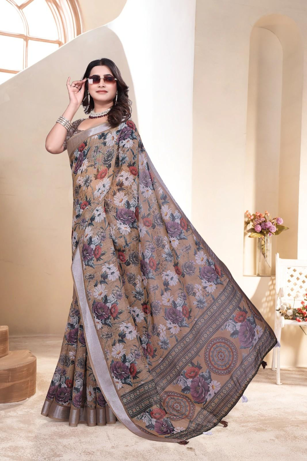 Linen saree with a digital print