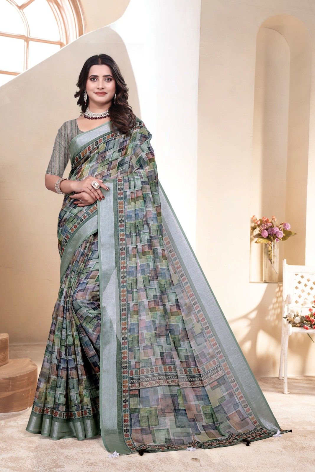 Linen saree with a digital print