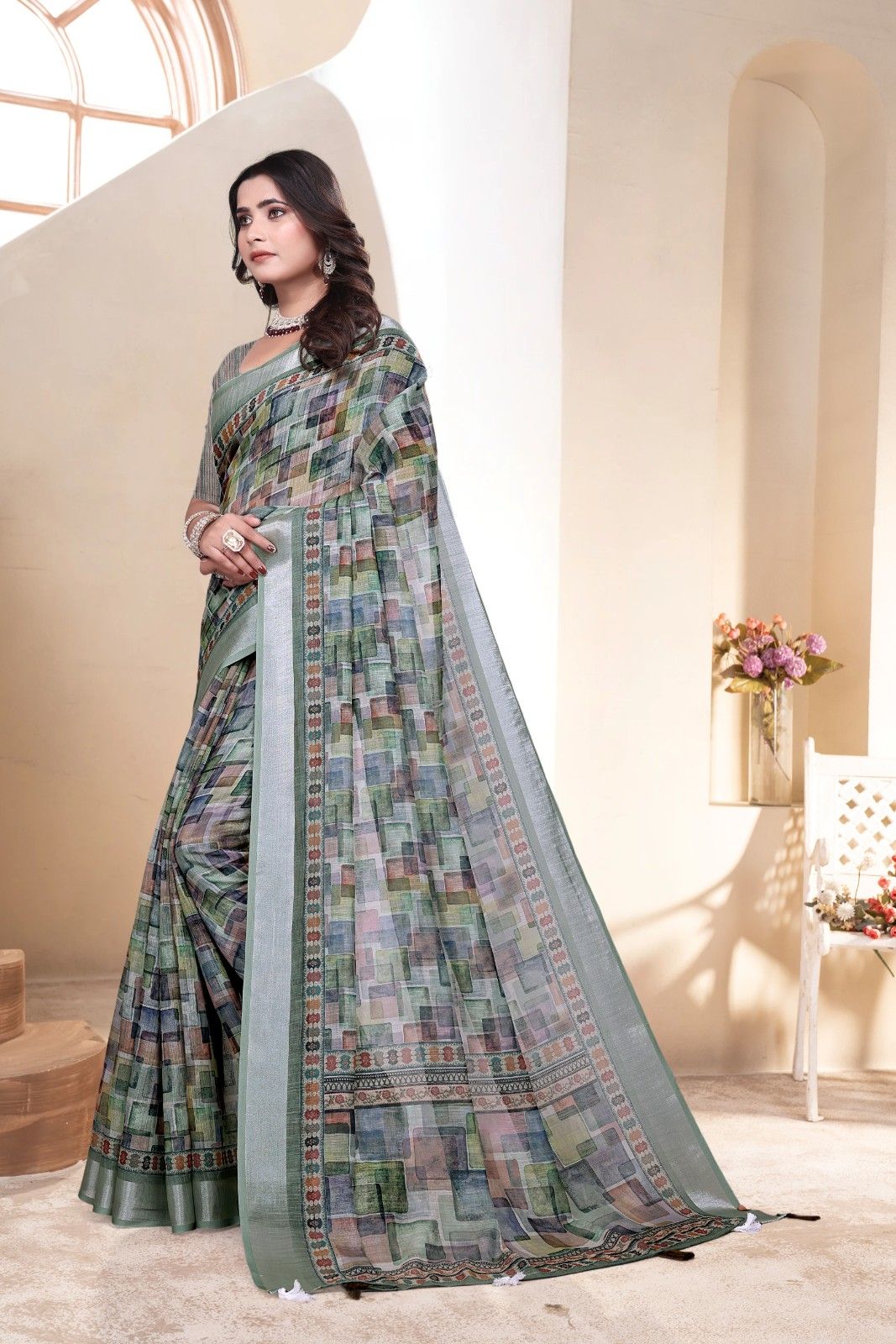 Linen saree with a digital print