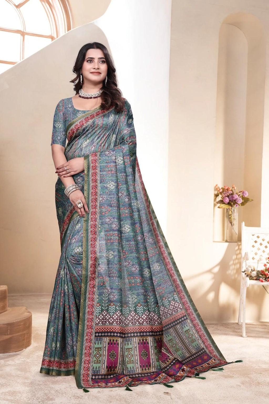 Soft Silk Saree with ethnic floral and geometric motifs