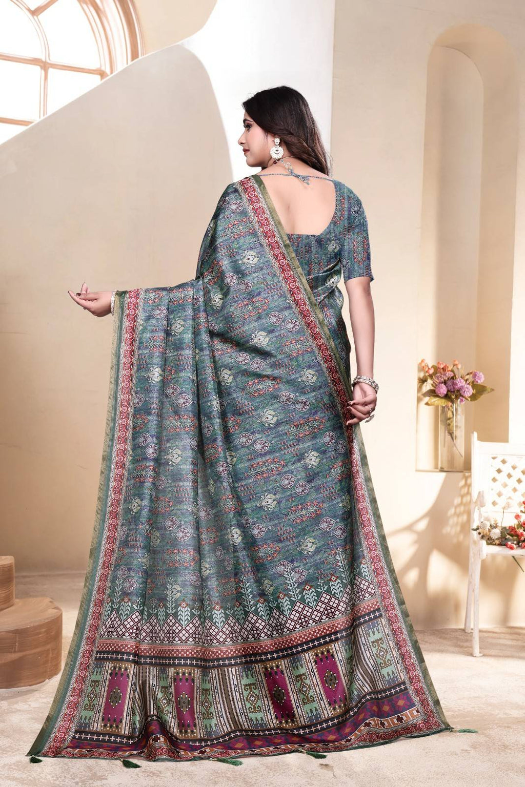 Soft Silk Saree with ethnic floral and geometric motifs