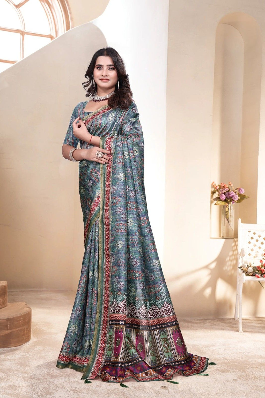 Soft Silk Saree with ethnic floral and geometric motifs