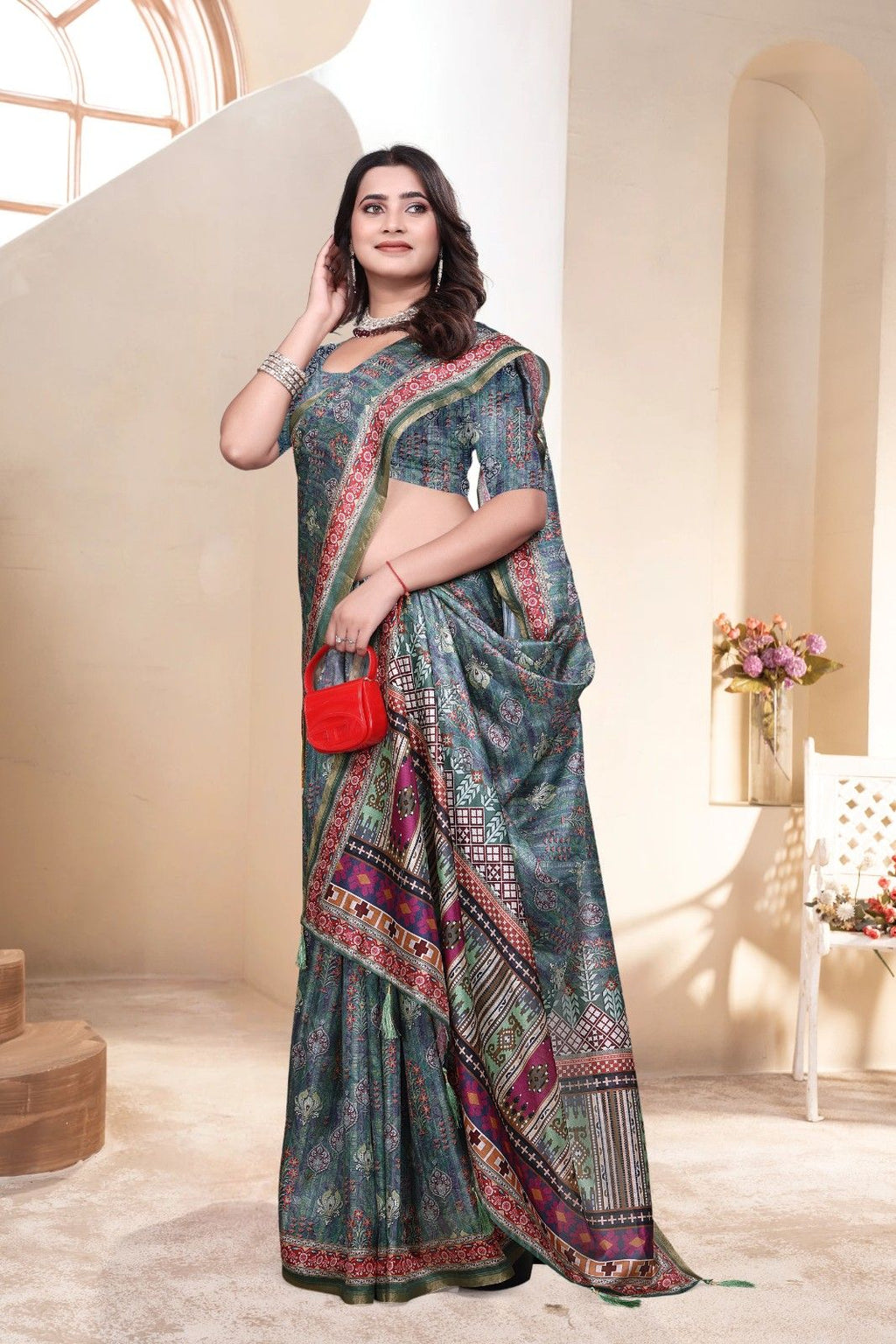 Soft Silk Saree with ethnic floral and geometric motifs