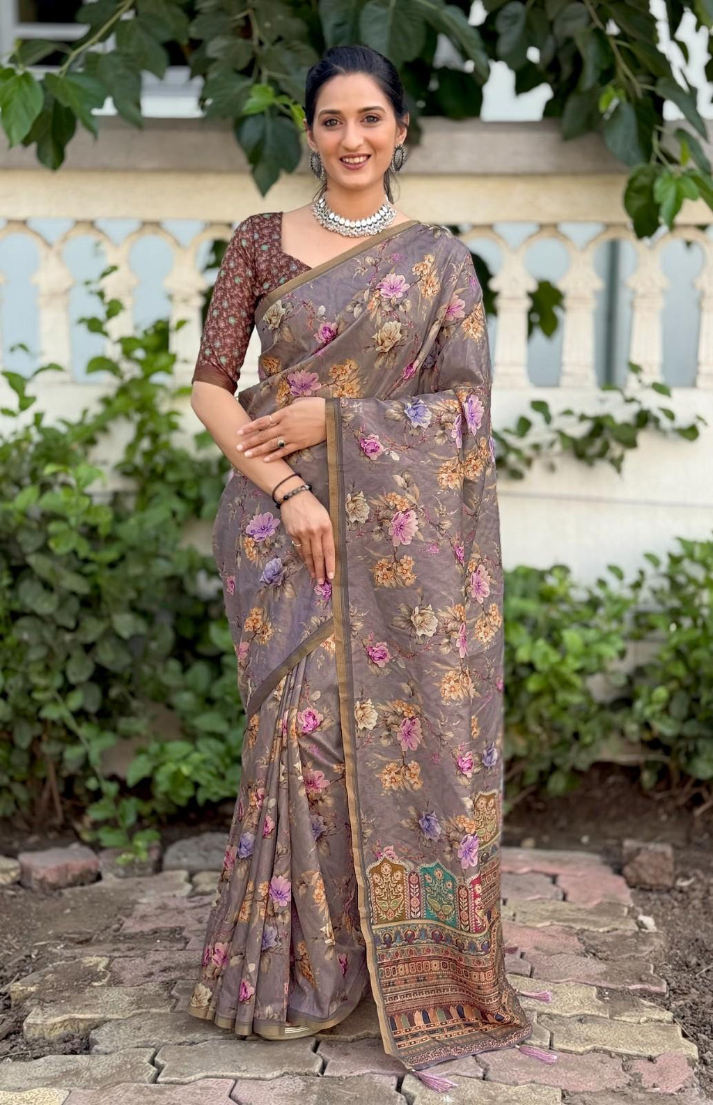 Silk Saree with digital floral print and fancy latkans