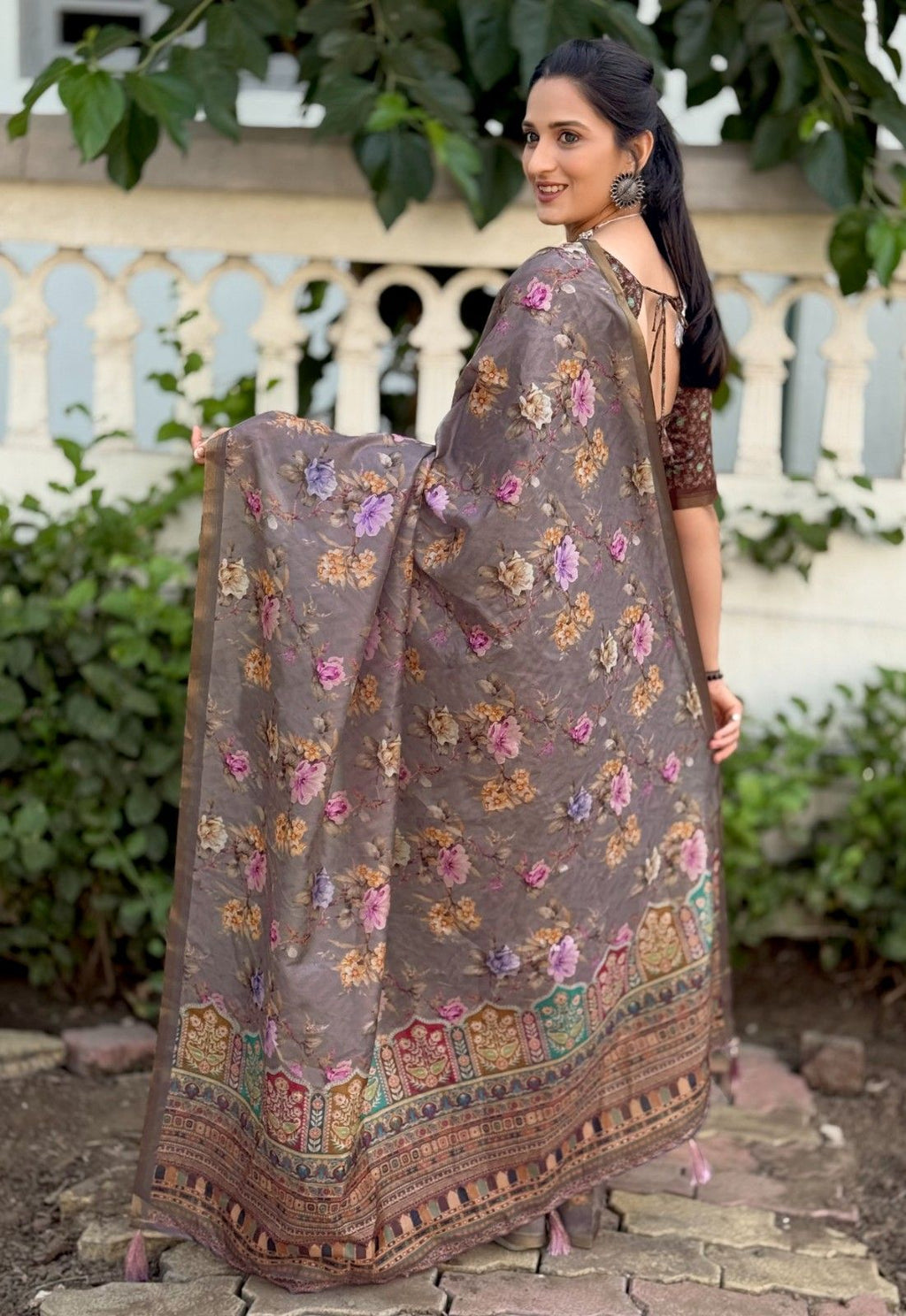 Silk Saree with digital floral print and fancy latkans