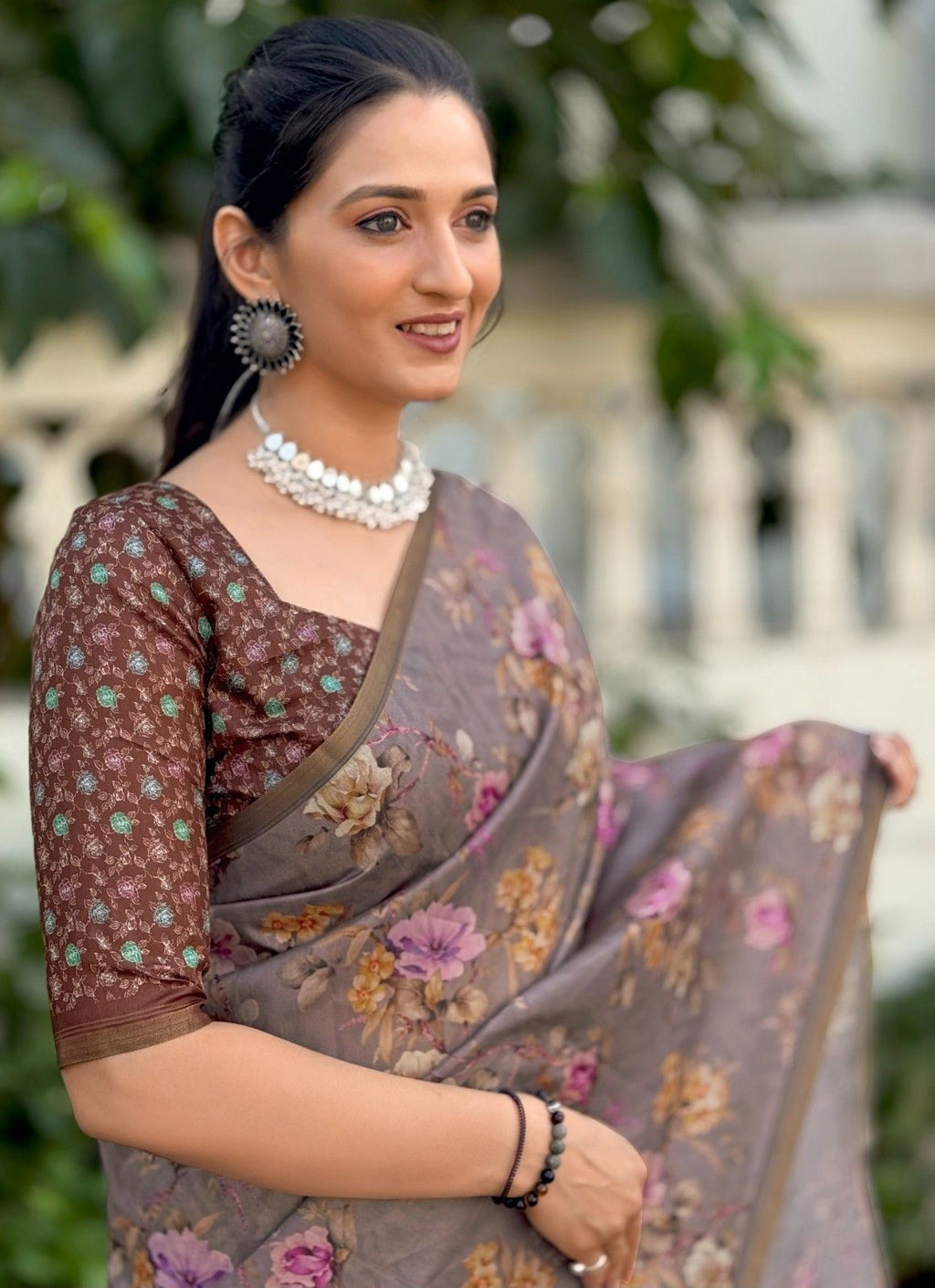 Silk Saree with digital floral print and fancy latkans