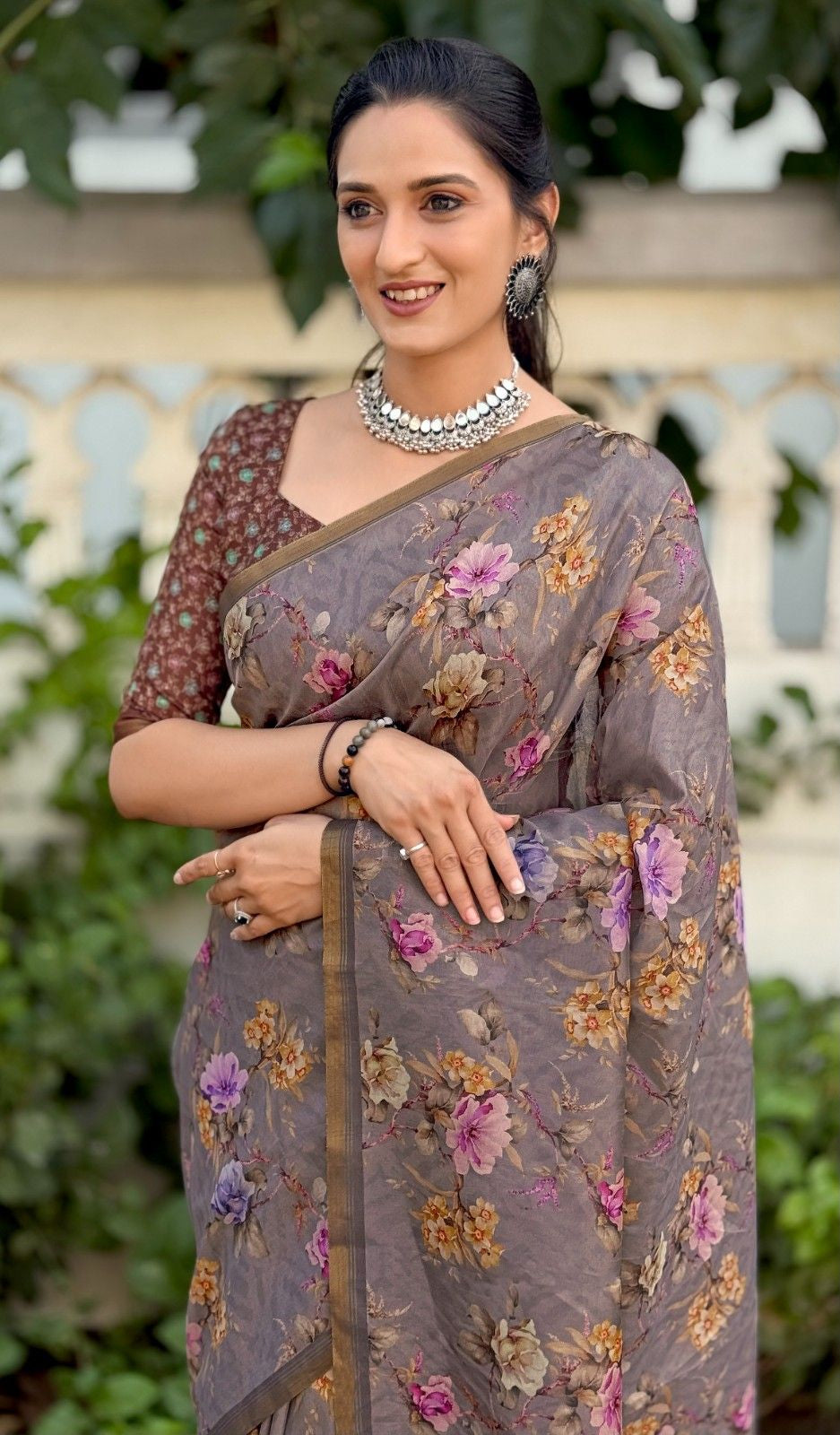 Silk Saree with digital floral print and fancy latkans