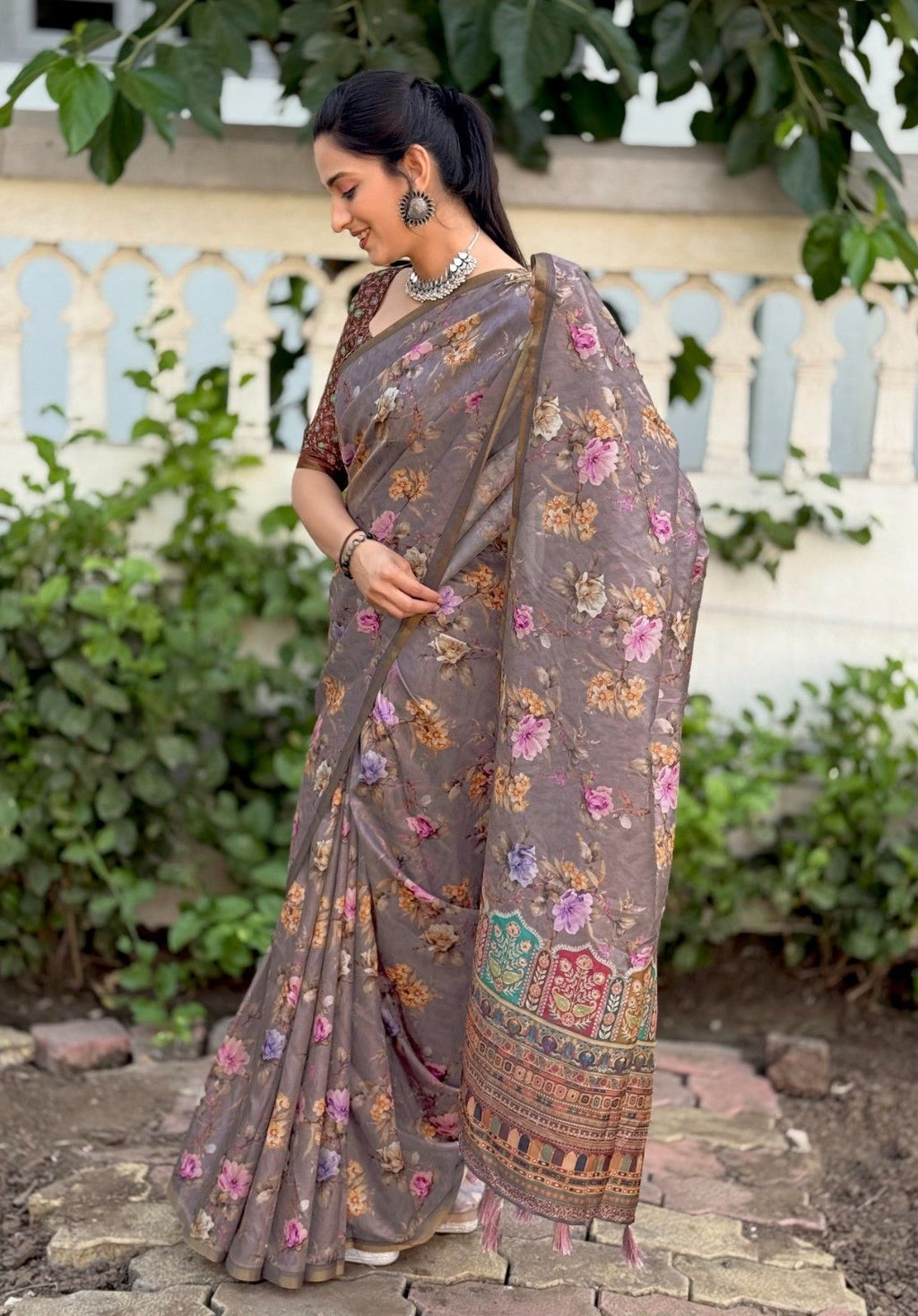 Silk Saree with digital floral print and fancy latkans