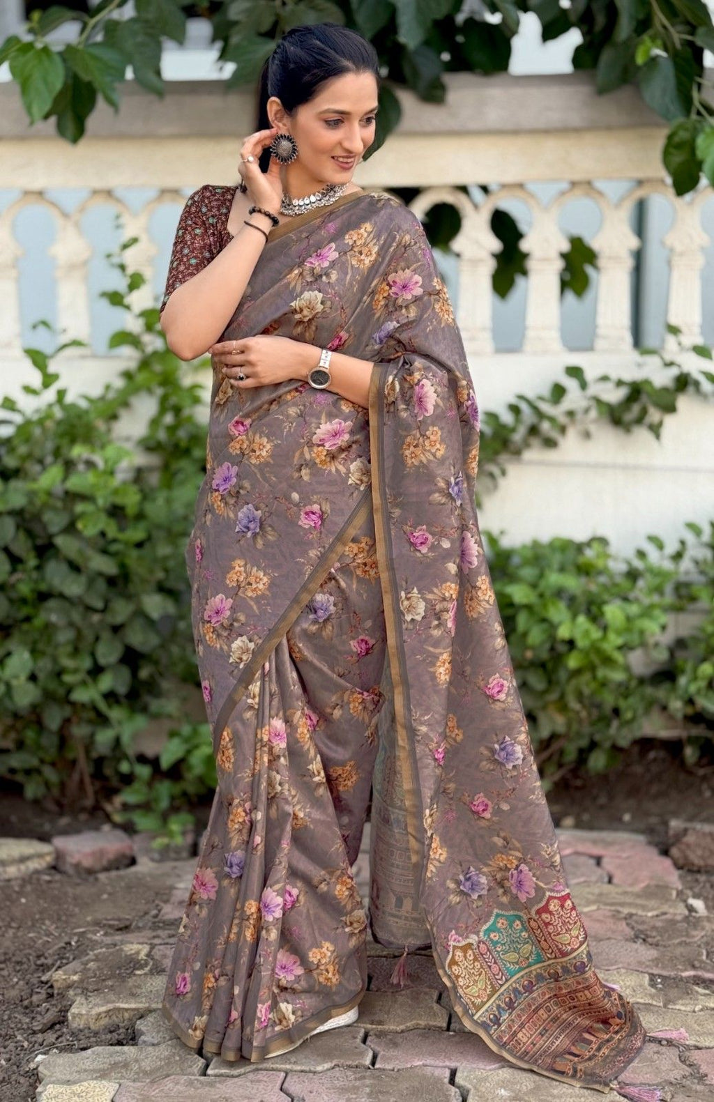 Silk Saree with digital floral print and fancy latkans