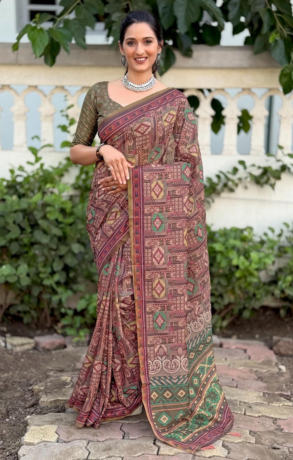 Silk Saree with digital floral print and fancy latkans