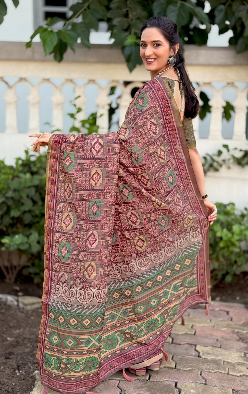 Silk Saree with digital floral print and fancy latkans