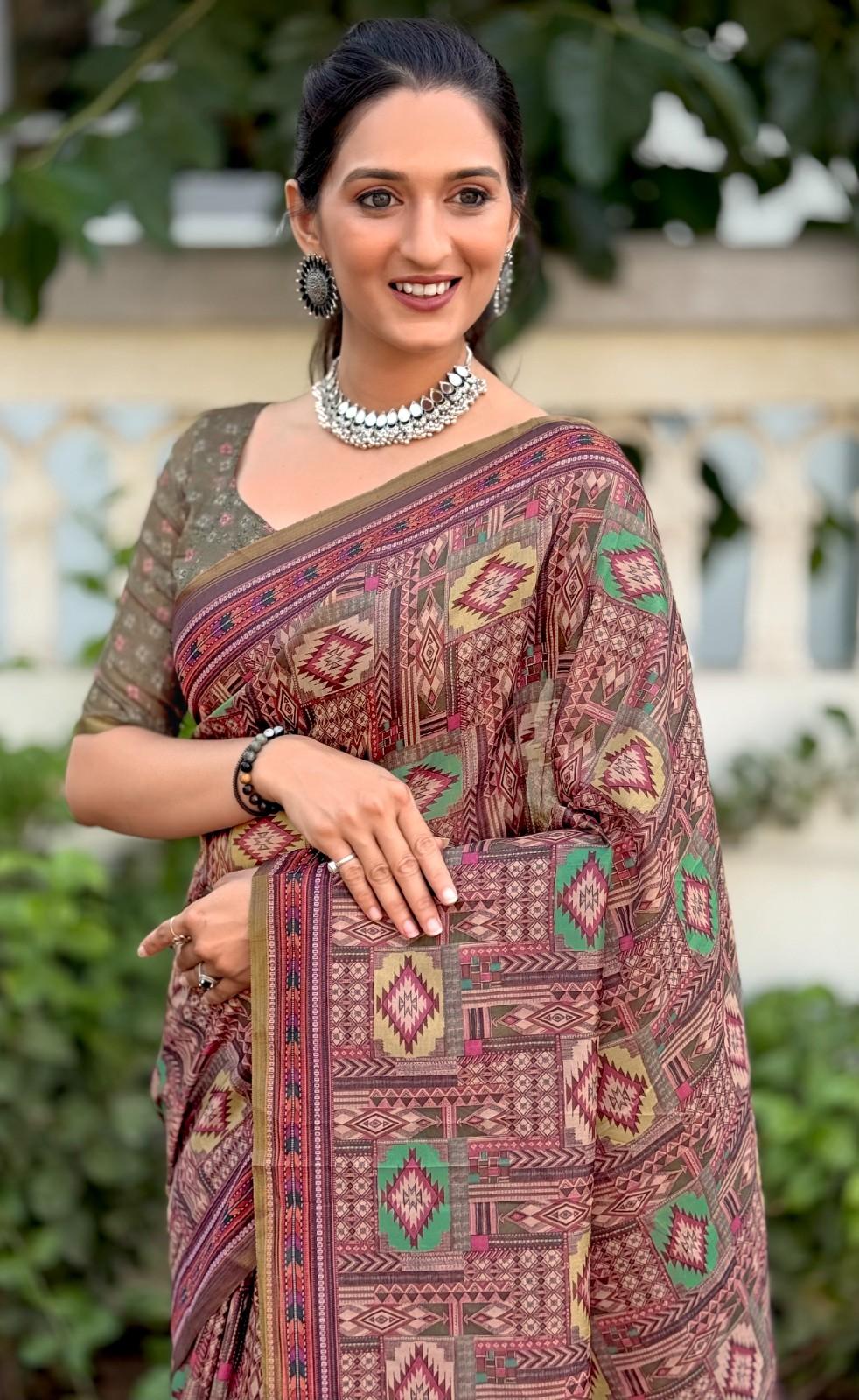 Silk Saree with digital floral print and fancy latkans