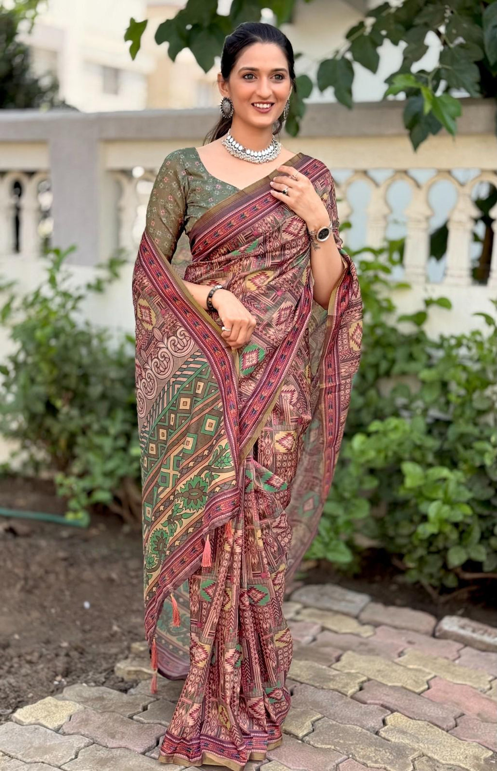 Silk Saree with digital floral print and fancy latkans