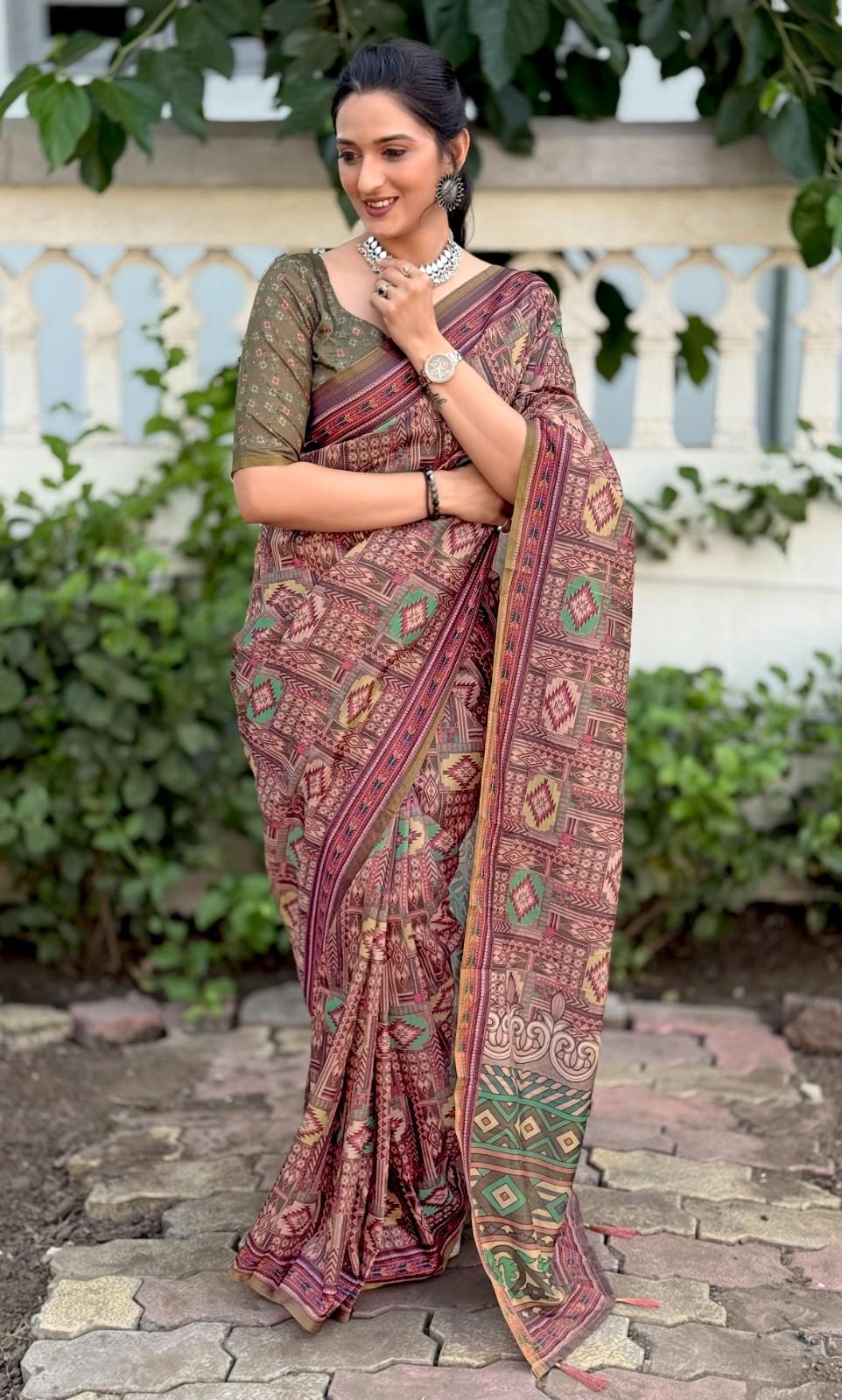 Silk Saree with digital floral print and fancy latkans