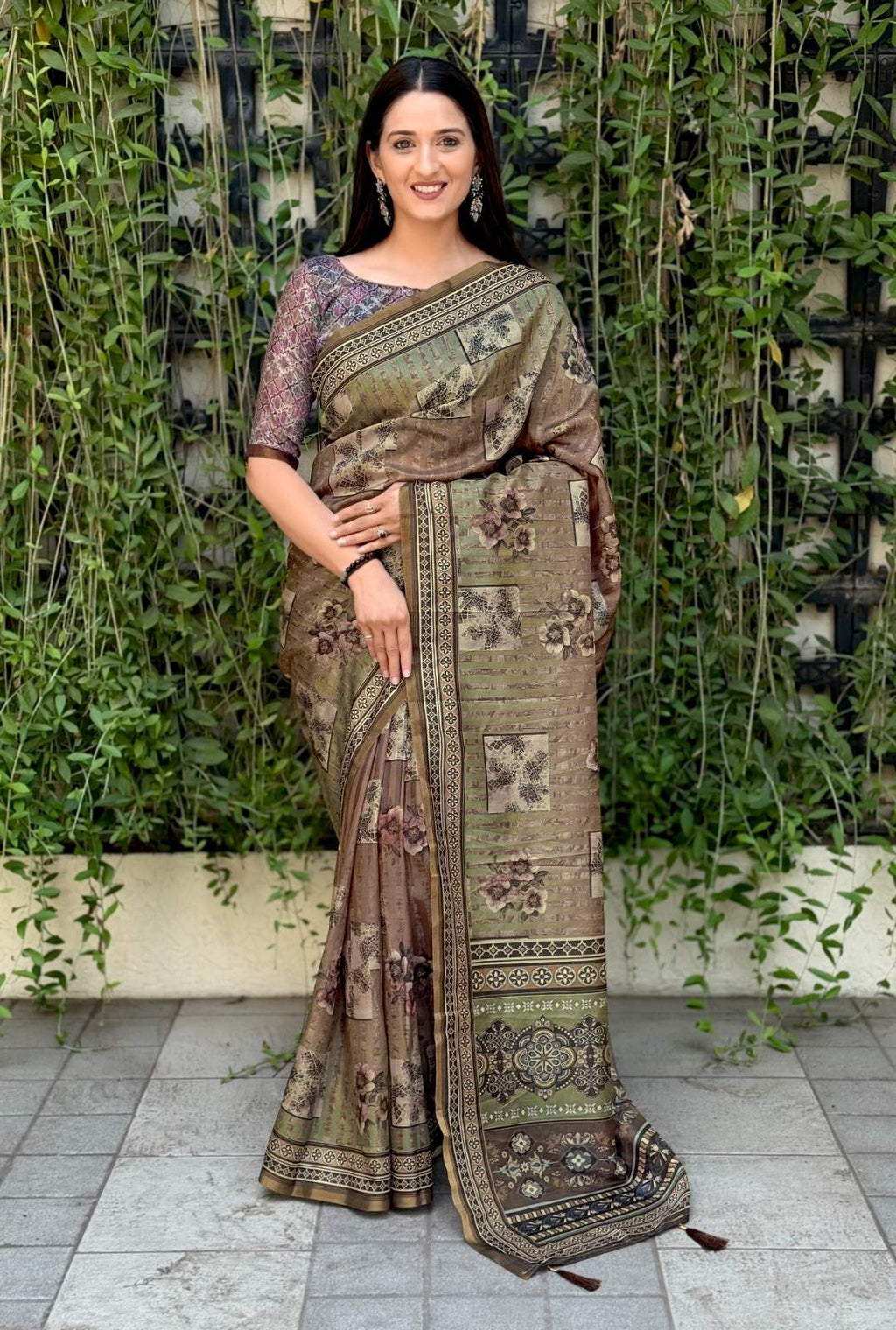 Silk Saree with digital floral print and fancy latkans