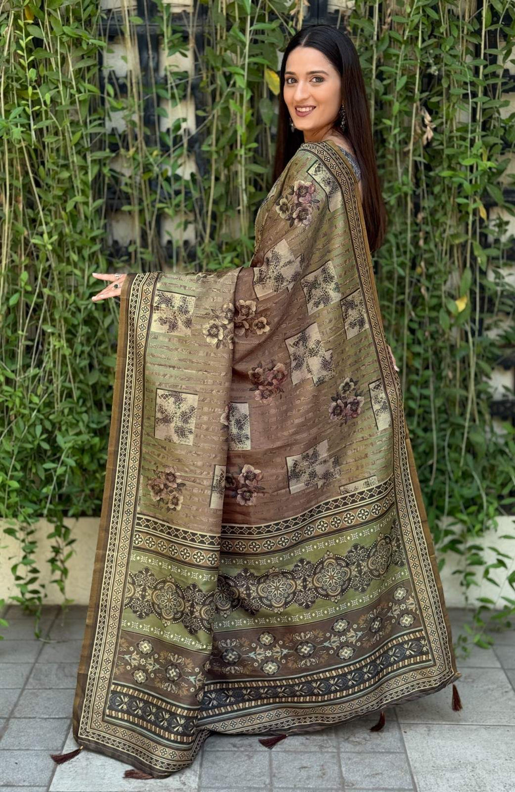 Silk Saree with digital floral print and fancy latkans