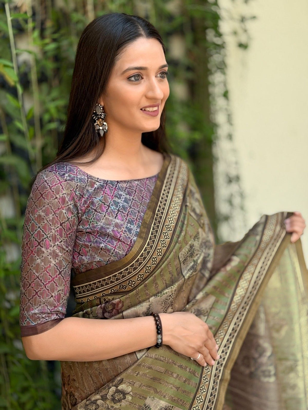 Silk Saree with digital floral print and fancy latkans