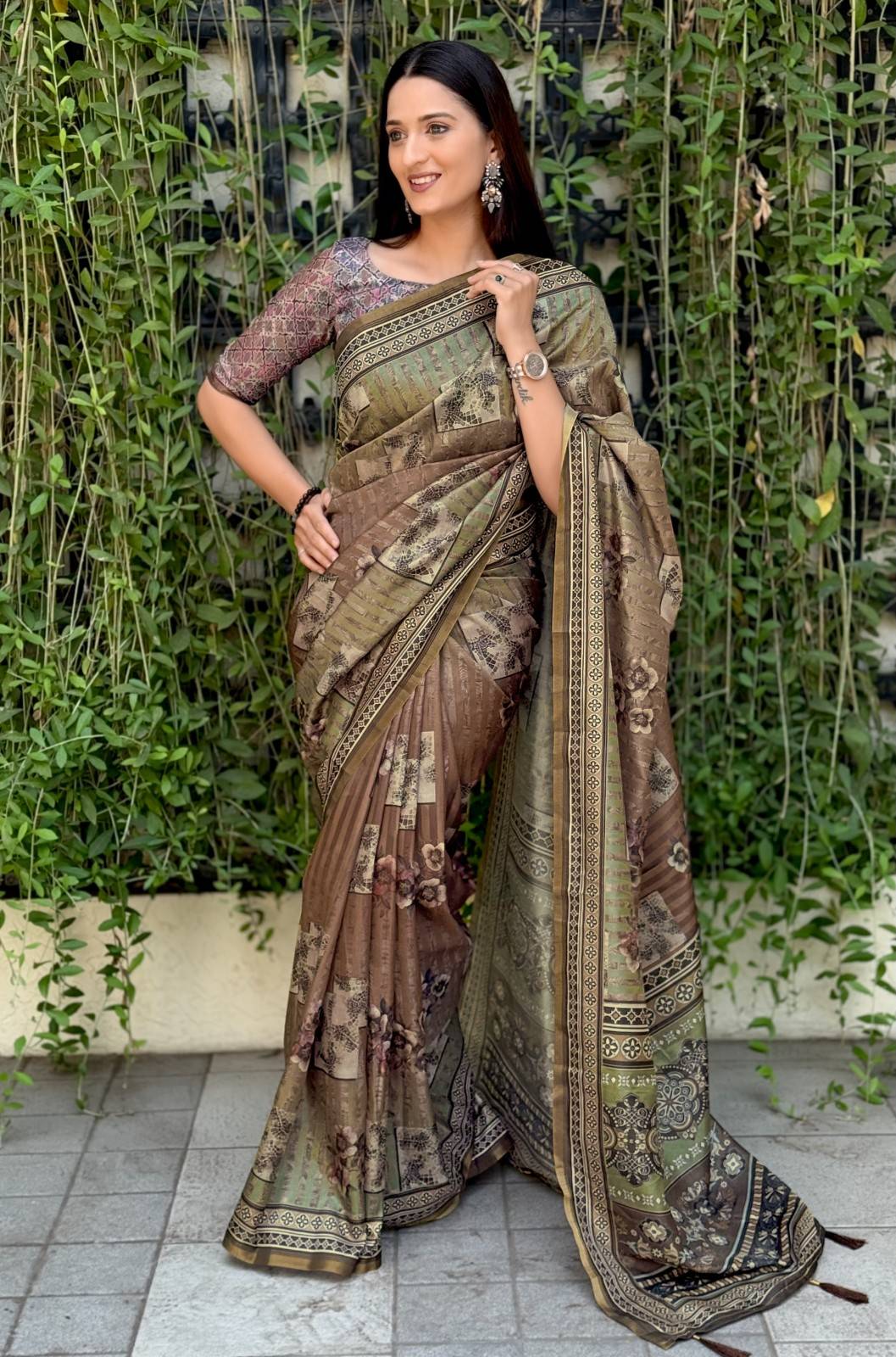 Silk Saree with digital floral print and fancy latkans