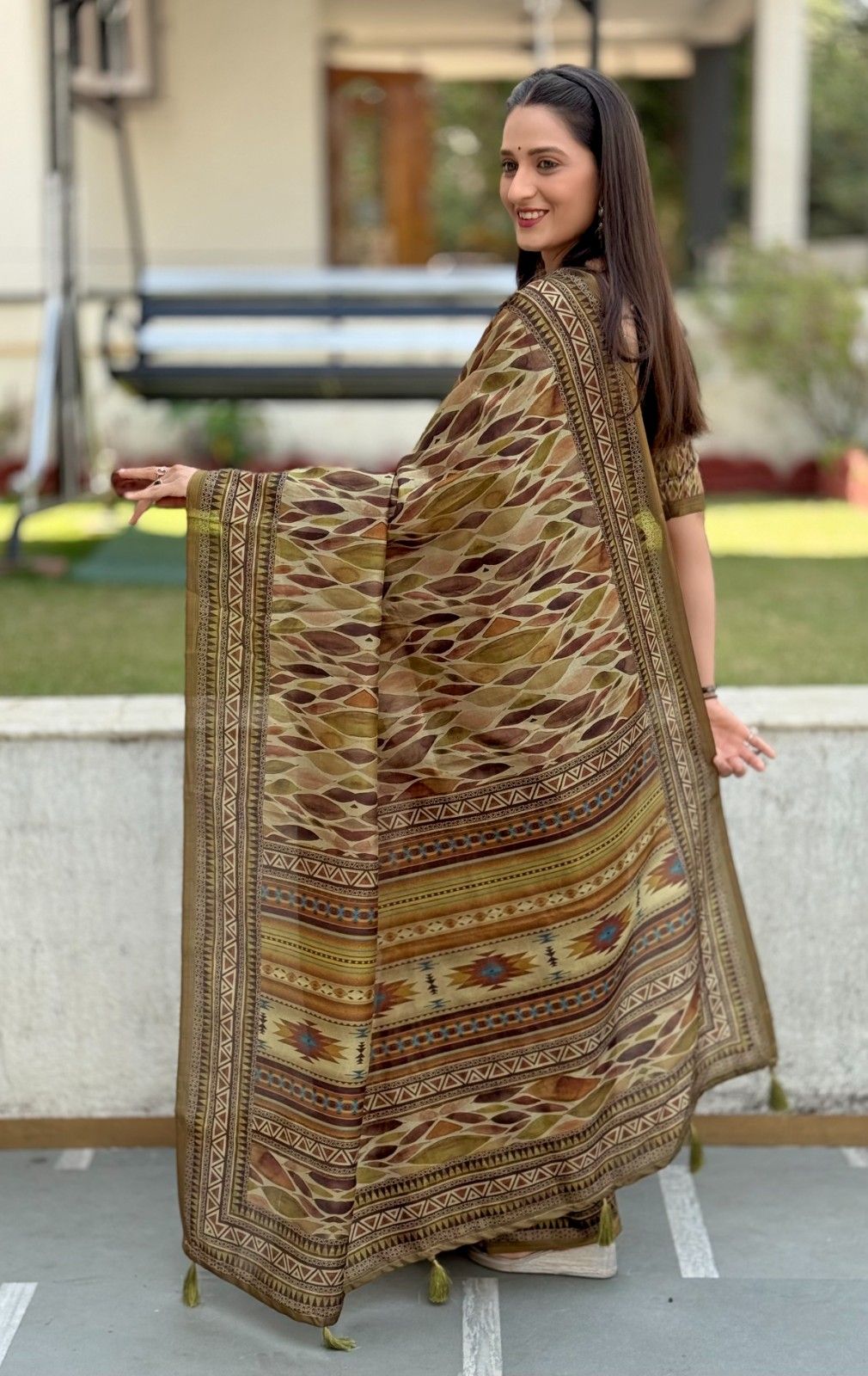 Silk Saree with digital floral print and fancy latkans