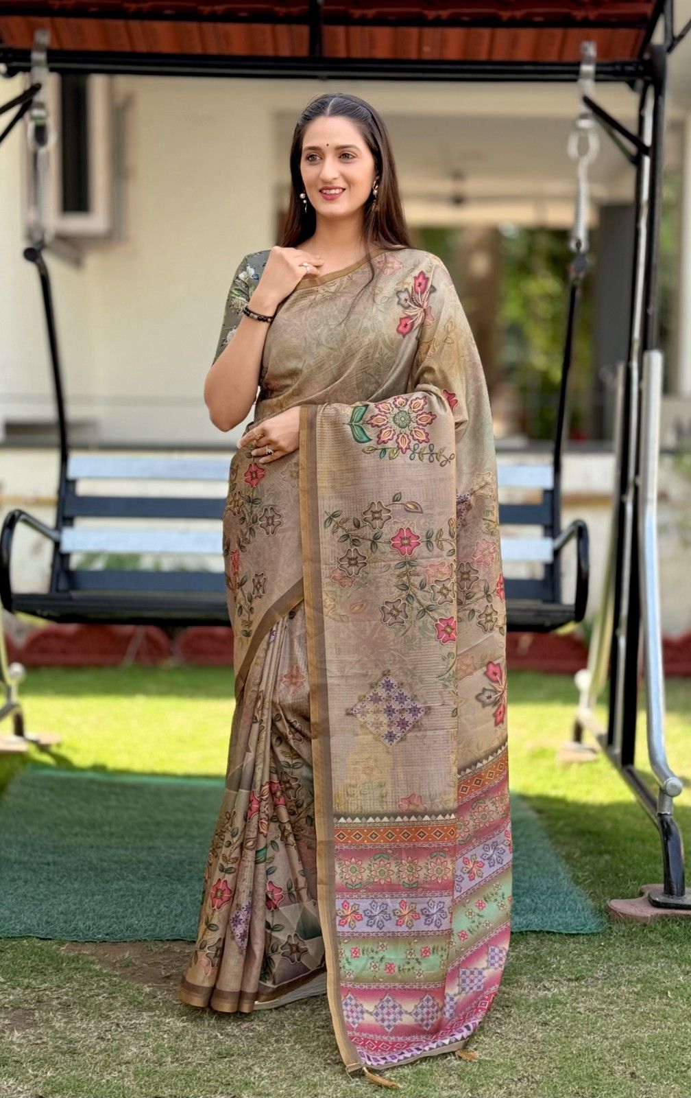 Silk Saree with digital floral print and fancy latkans