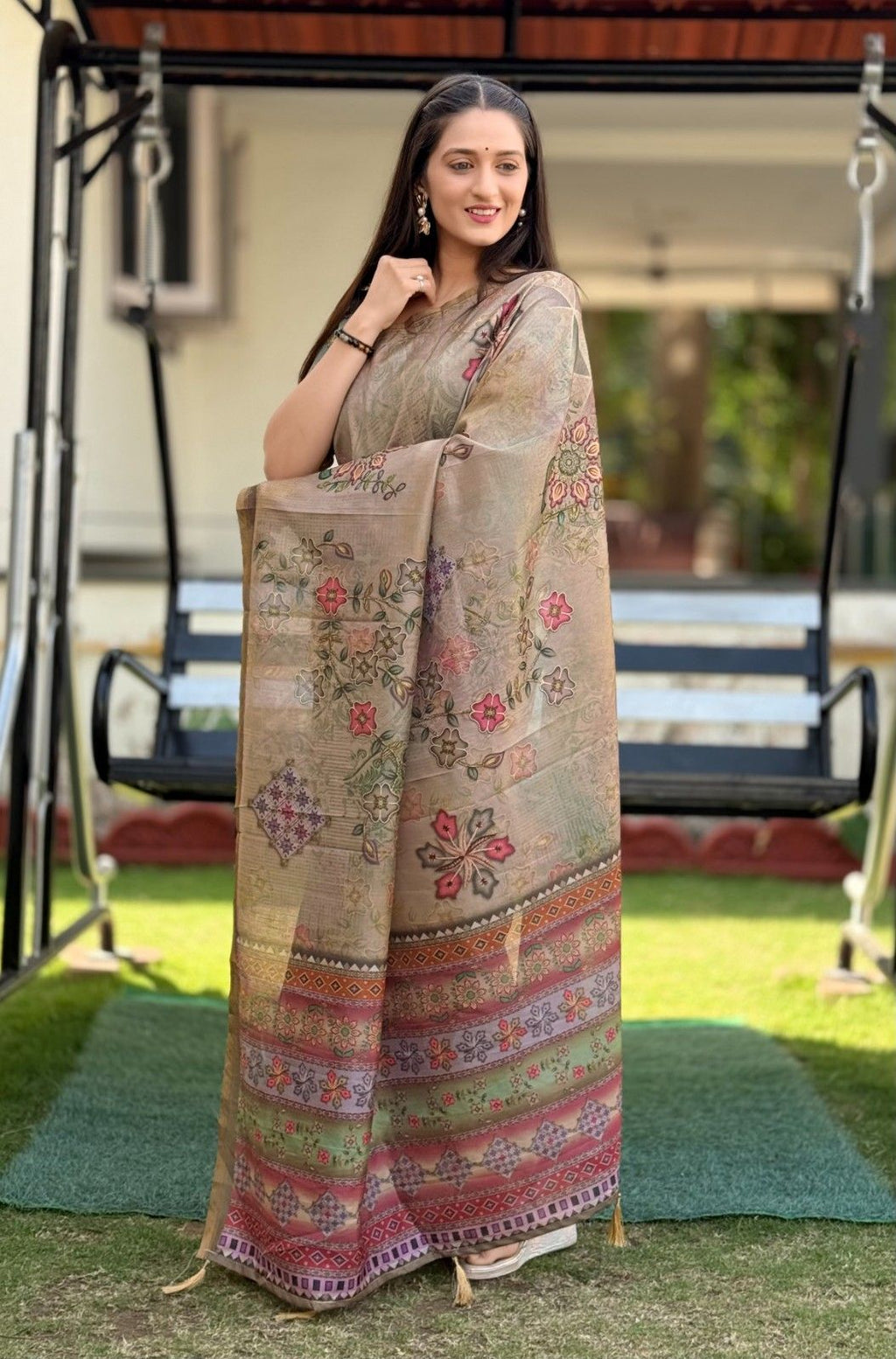 Silk Saree with digital floral print and fancy latkans