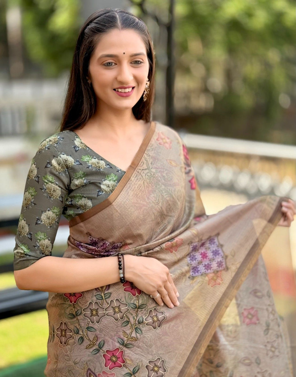 Silk Saree with digital floral print and fancy latkans