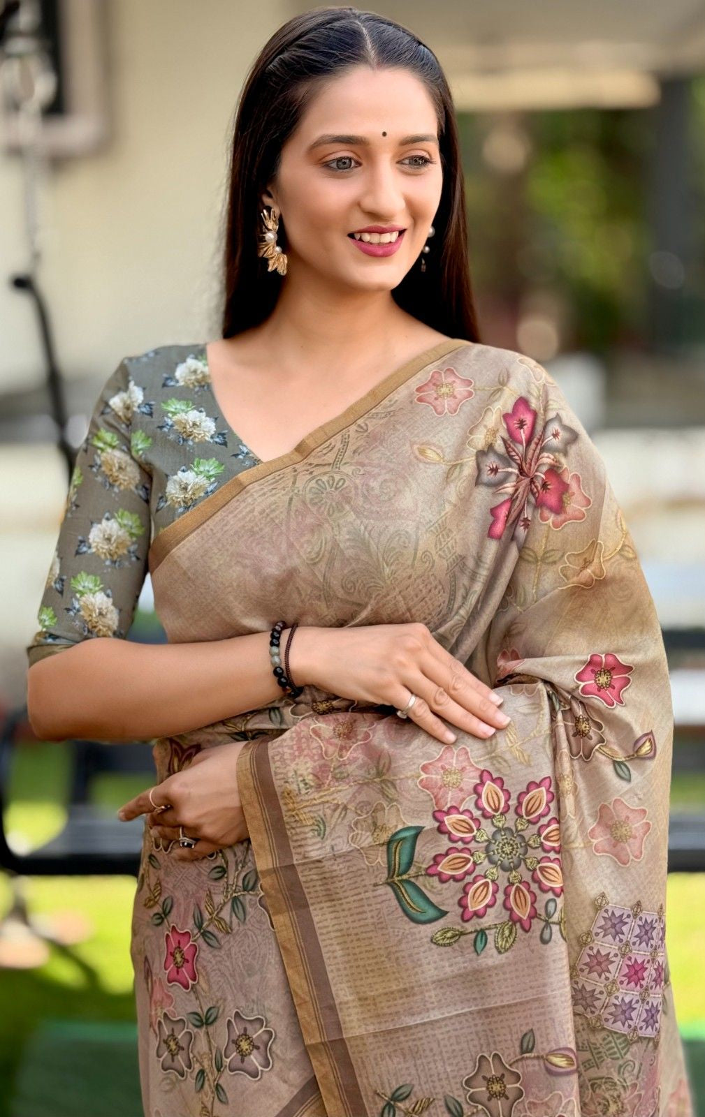 Silk Saree with digital floral print and fancy latkans