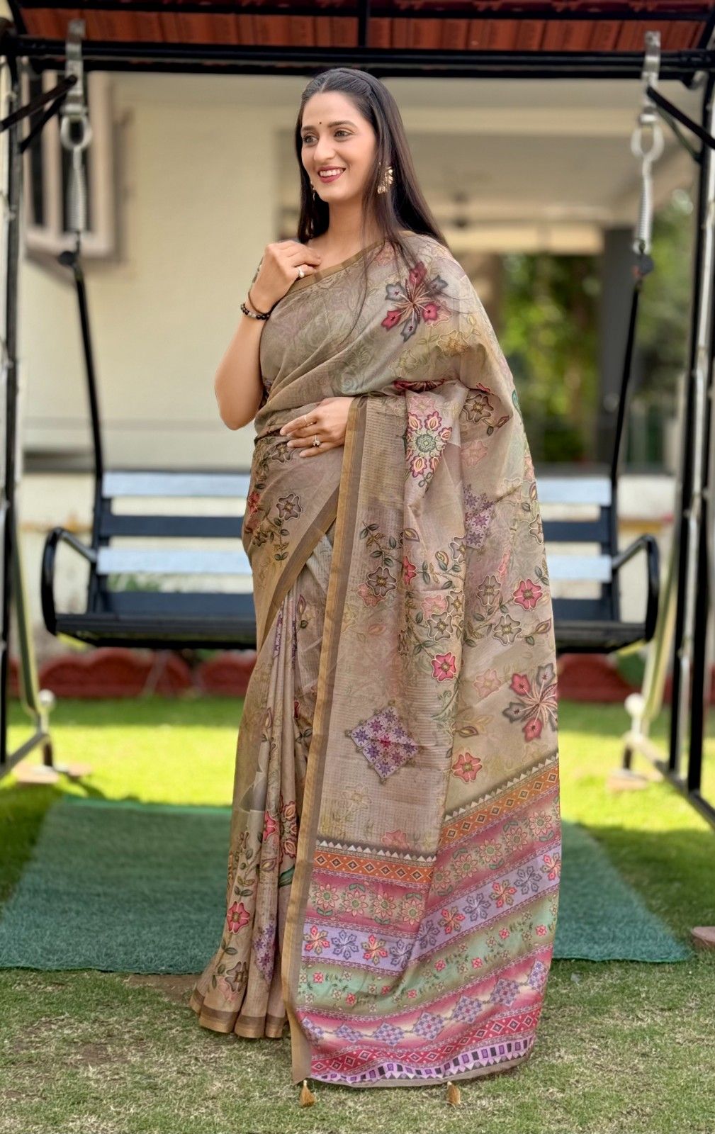 Silk Saree with digital floral print and fancy latkans