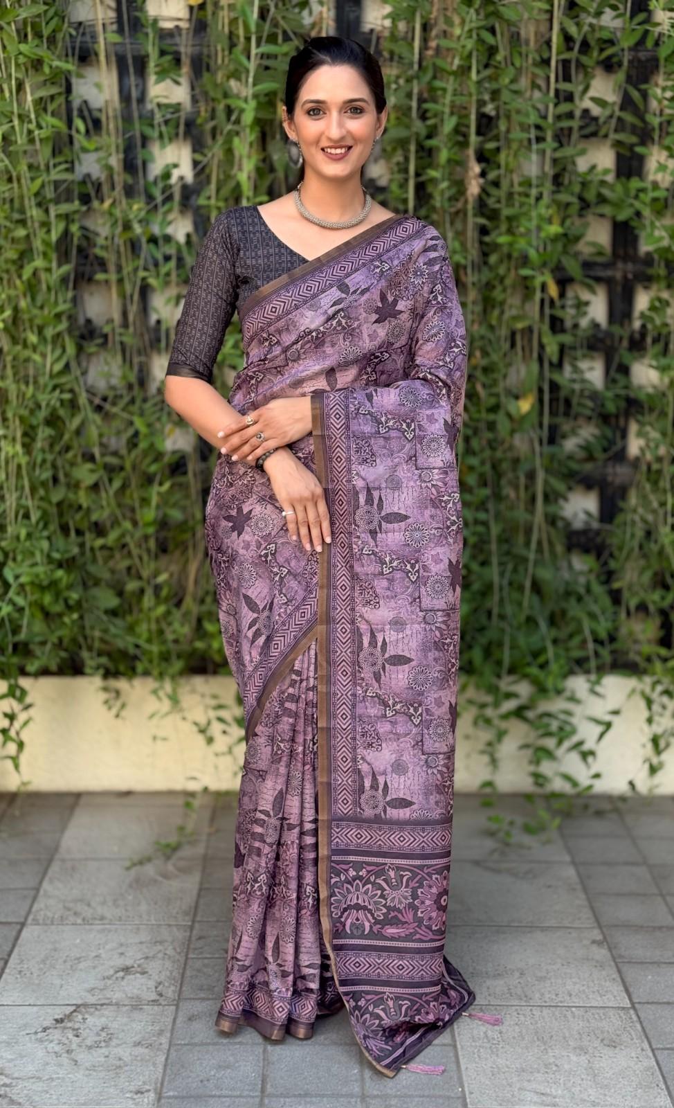 Silk Saree with digital floral print and fancy latkans