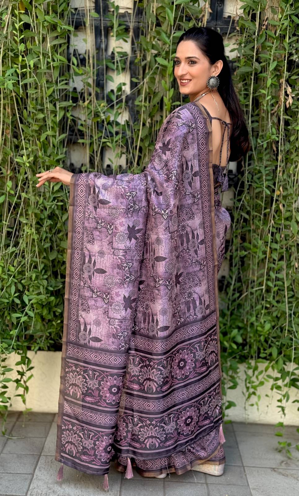 Silk Saree with digital floral print and fancy latkans