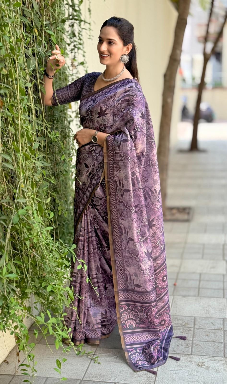 Silk Saree with digital floral print and fancy latkans