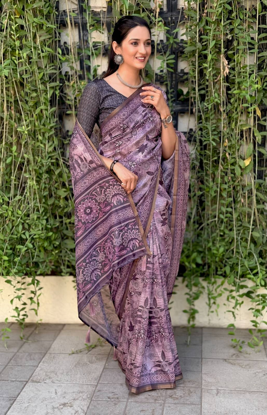 Silk Saree with digital floral print and fancy latkans