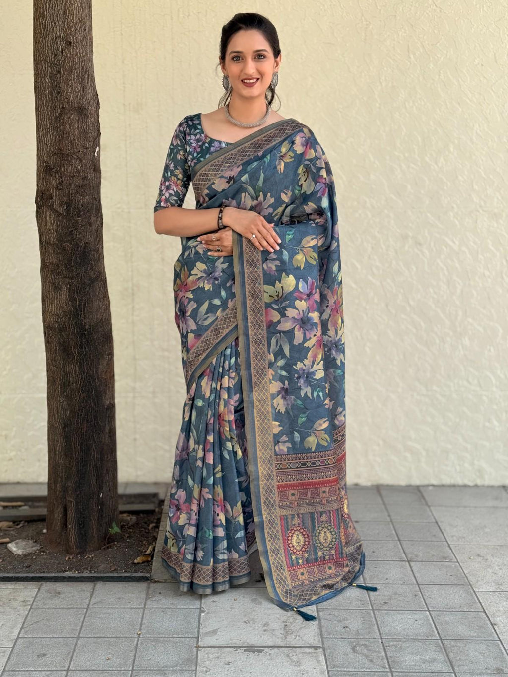 Silk Saree with digital floral print and fancy latkans