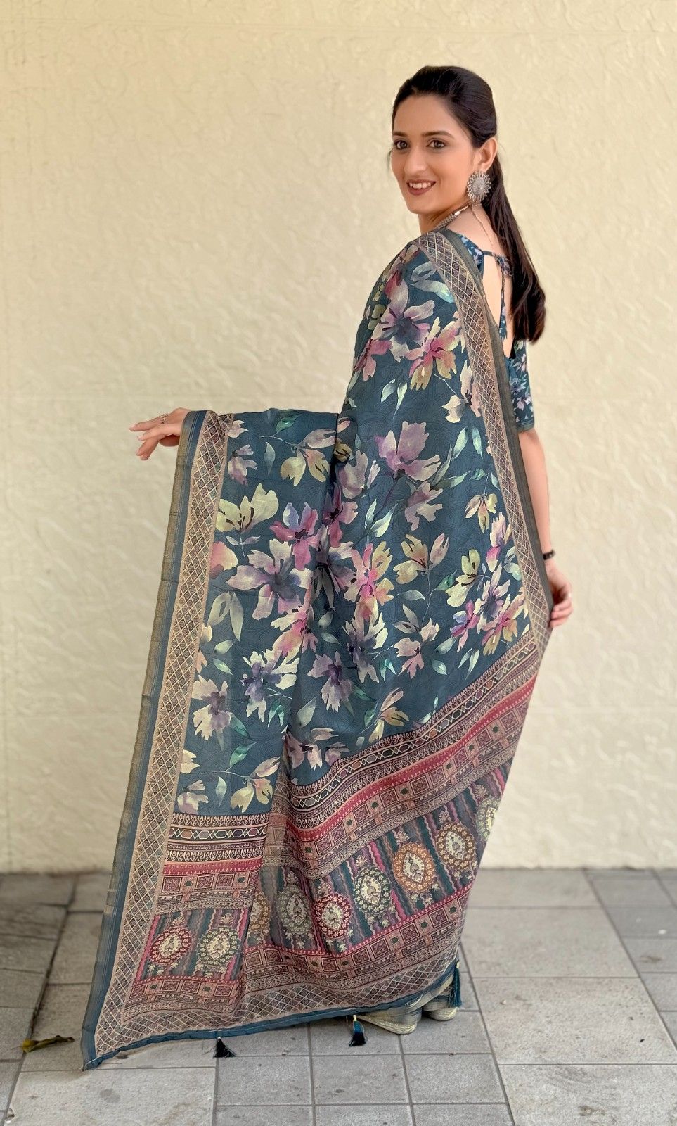 Silk Saree with digital floral print and fancy latkans