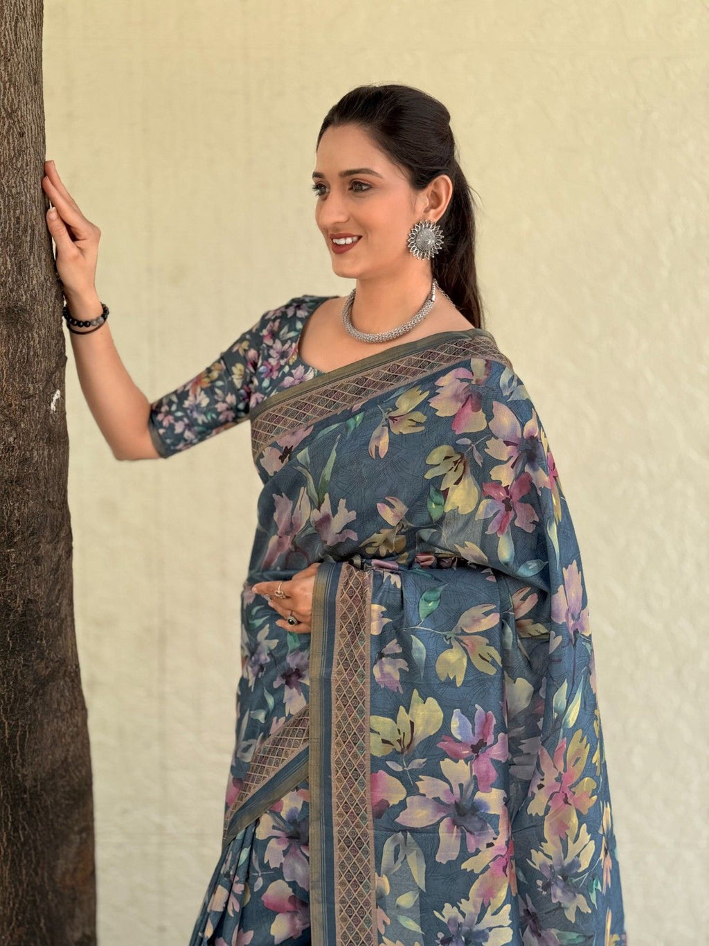 Silk Saree with digital floral print and fancy latkans