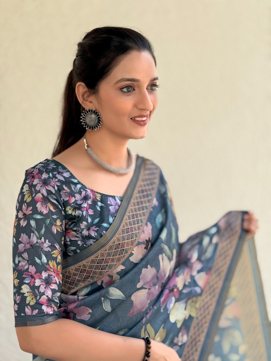 Silk Saree with digital floral print and fancy latkans