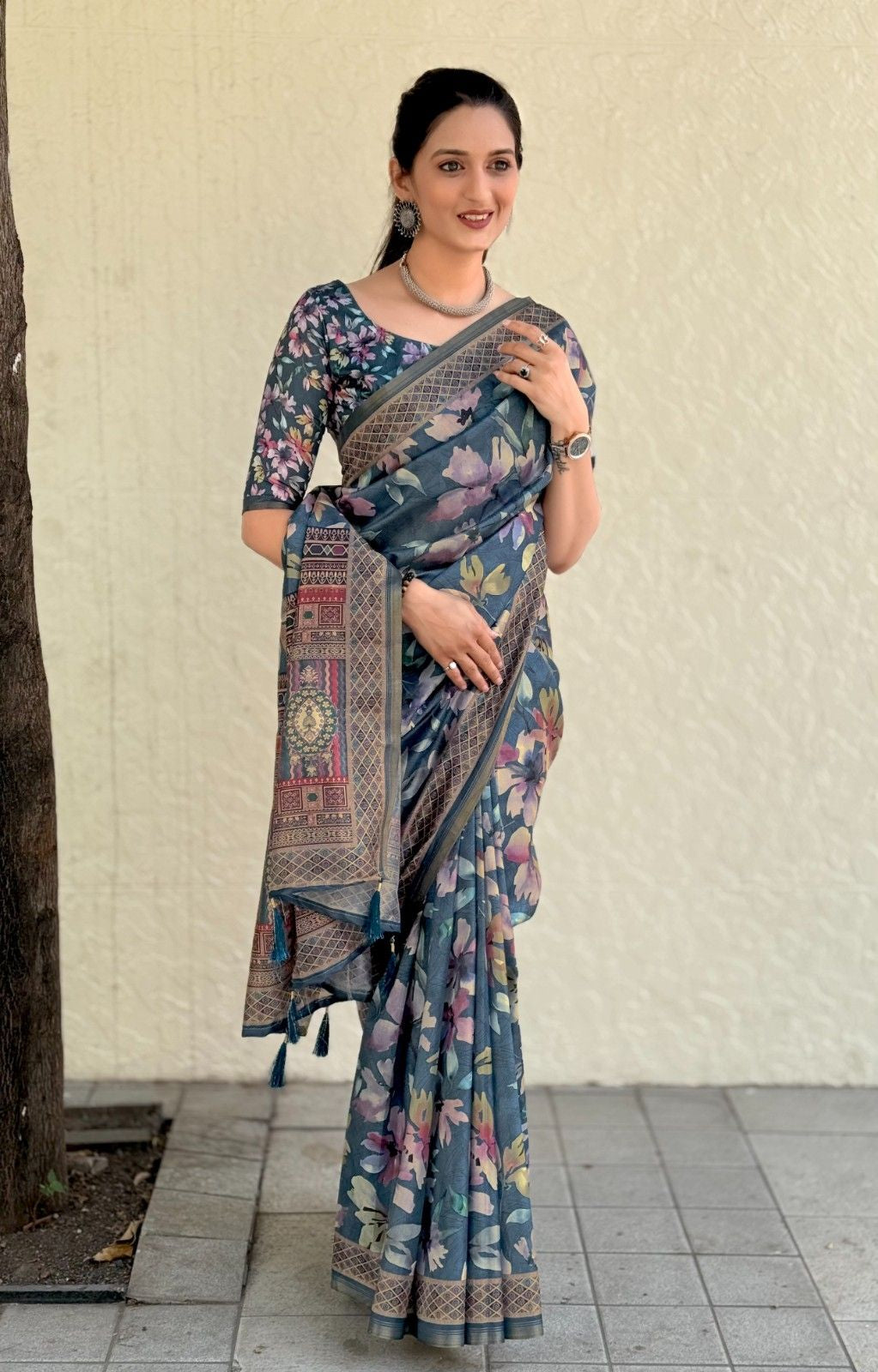 Silk Saree with digital floral print and fancy latkans