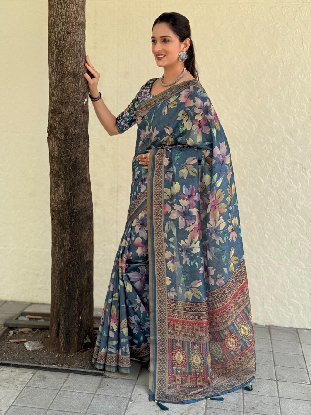 Silk Saree with digital floral print and fancy latkans