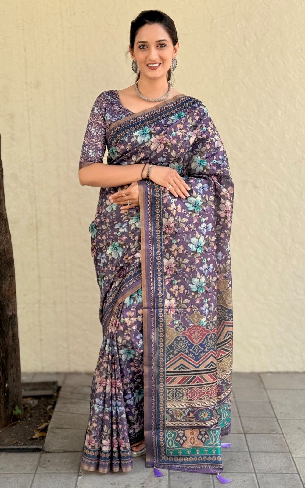 Silk Saree with digital floral print and fancy latkans