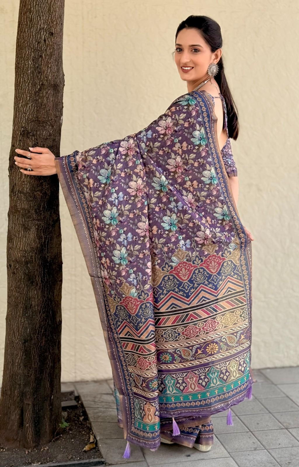 Silk Saree with digital floral print and fancy latkans