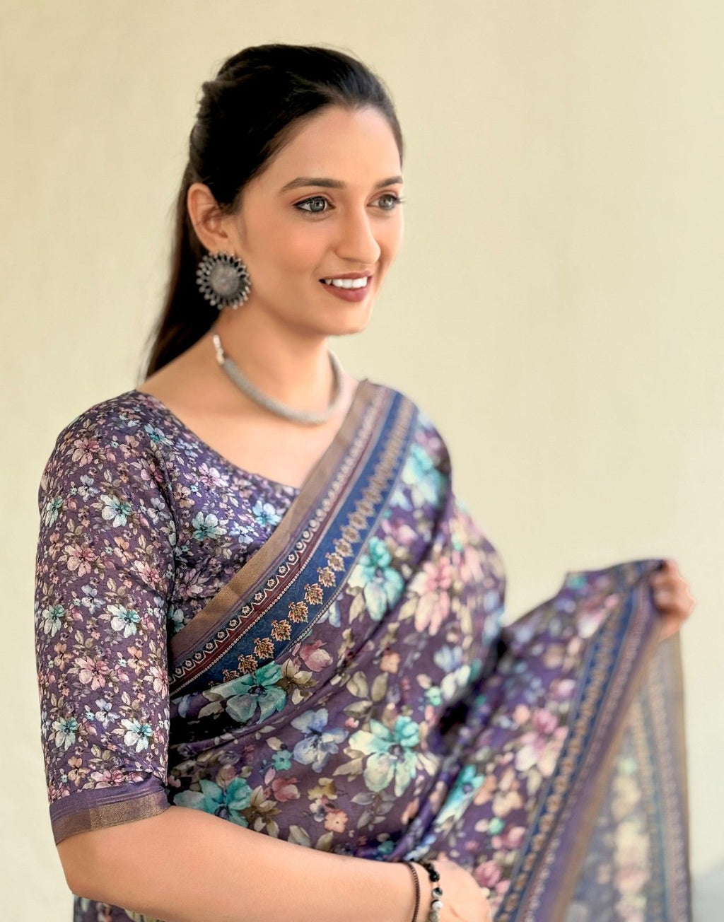 Silk Saree with digital floral print and fancy latkans