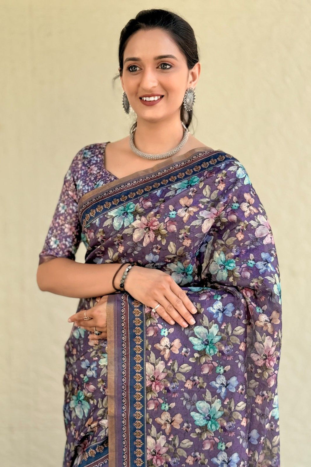 Silk Saree with digital floral print and fancy latkans