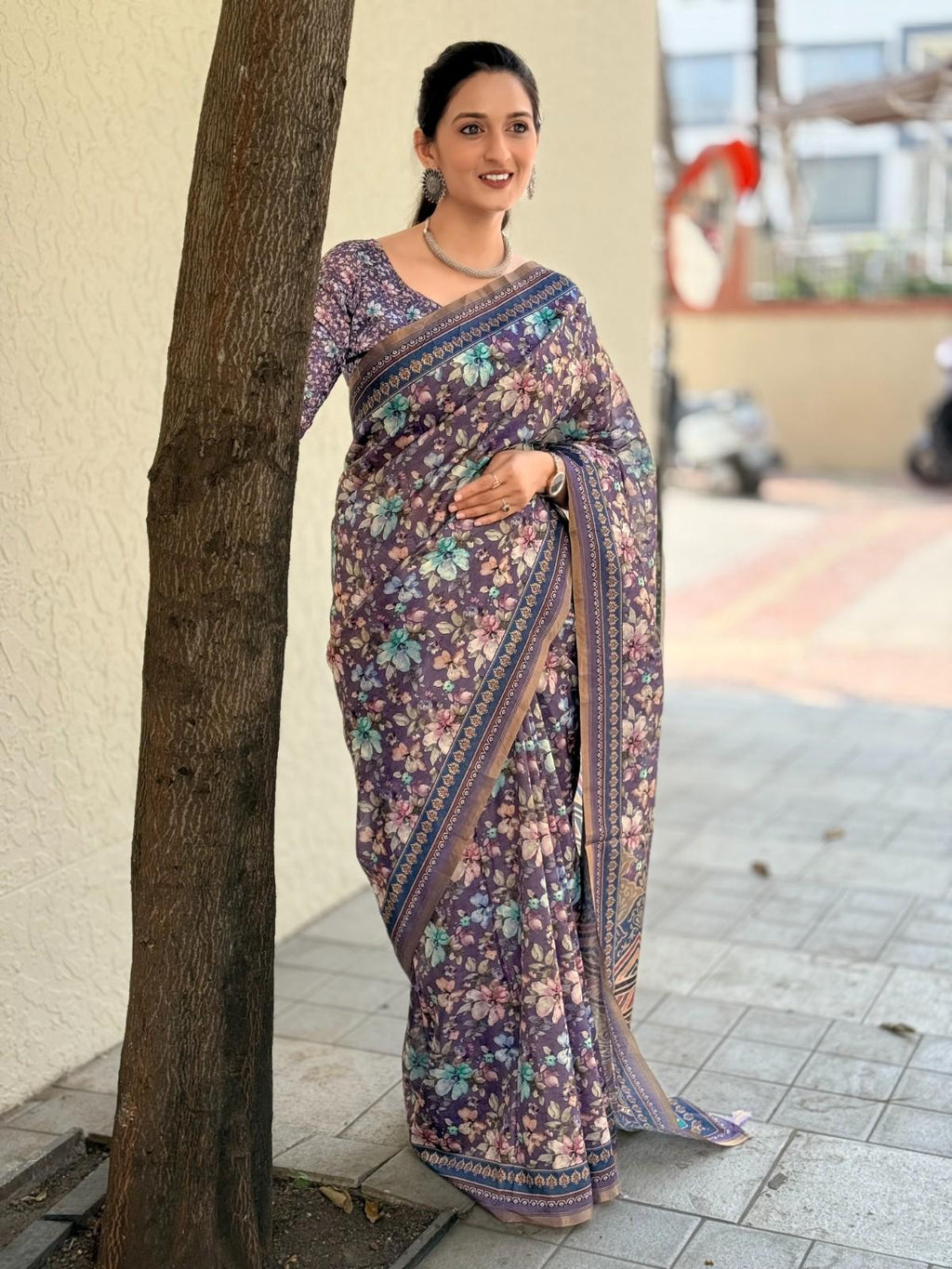 Silk Saree with digital floral print and fancy latkans