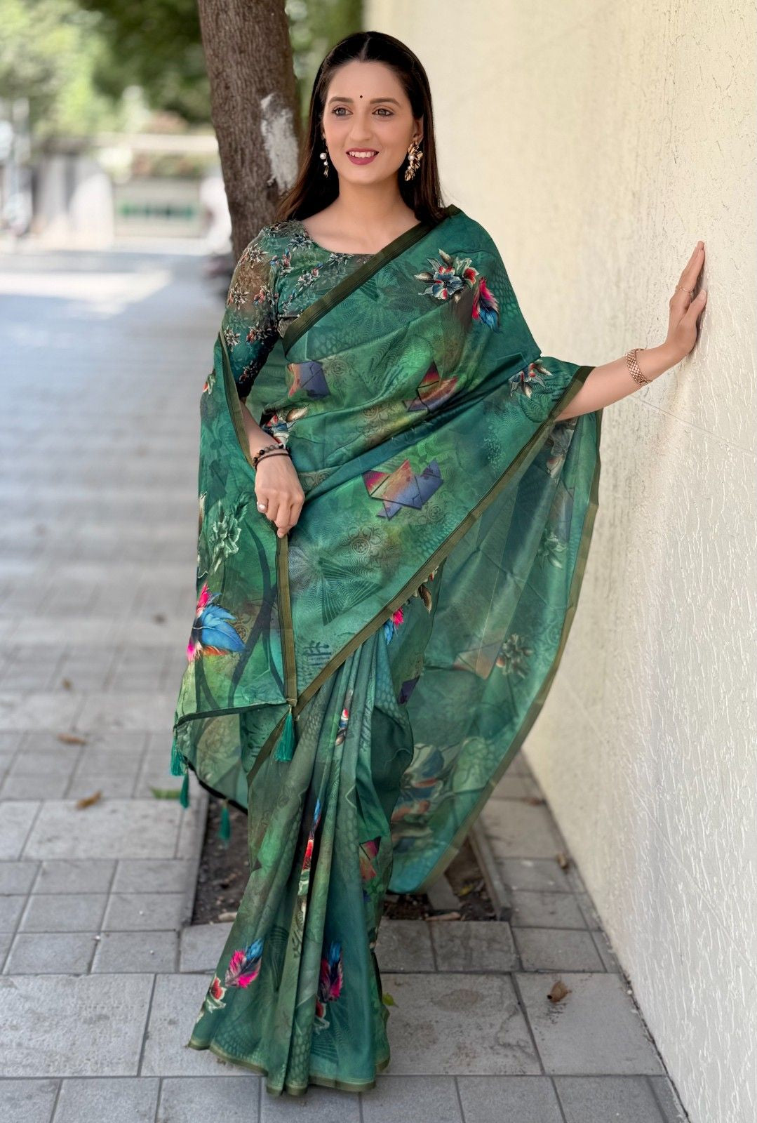 Silk Saree with digital floral print and fancy latkans