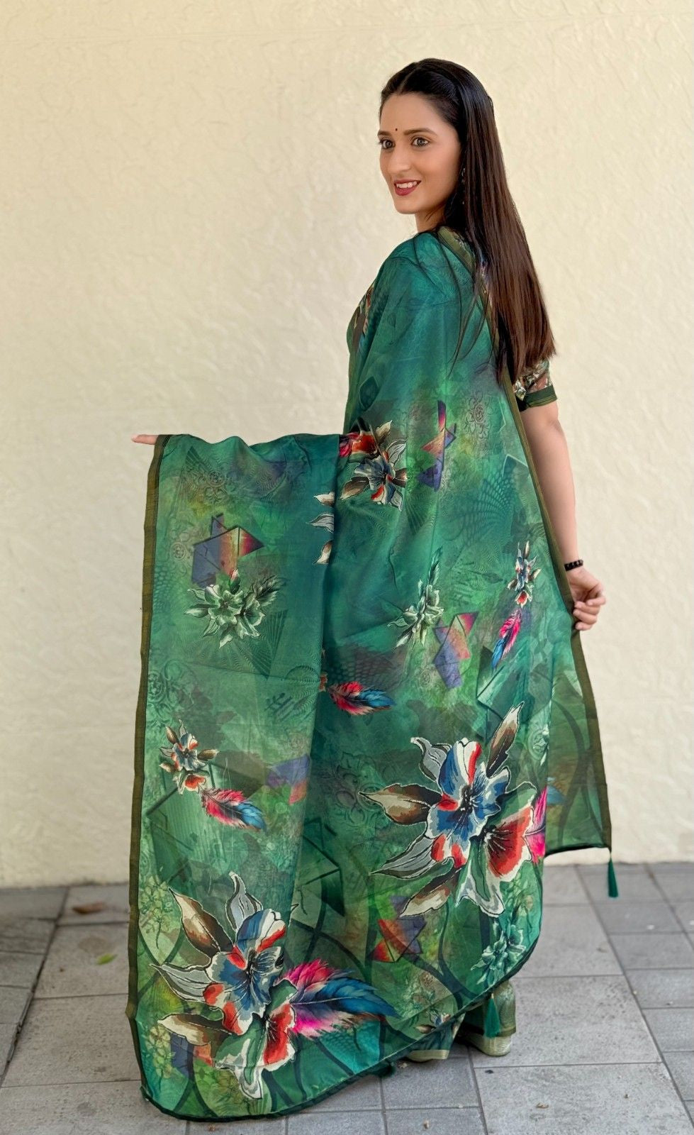 Silk Saree with digital floral print and fancy latkans