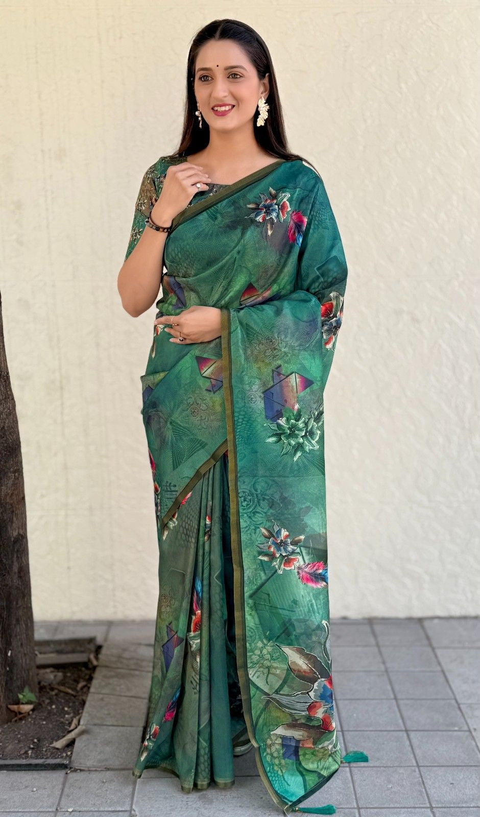Silk Saree with digital floral print and fancy latkans