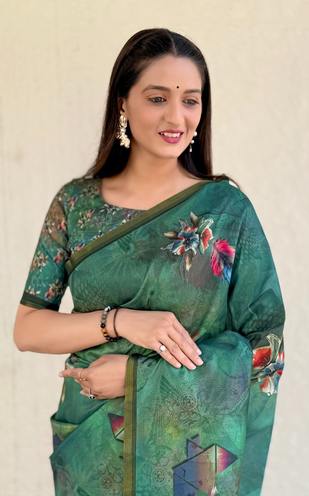 Silk Saree with digital floral print and fancy latkans